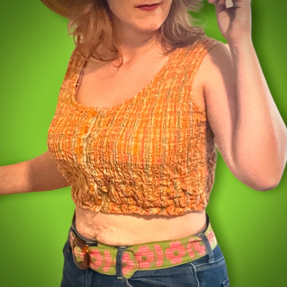 Vintage 90s orange plaid crop tank top with buttons down front size large